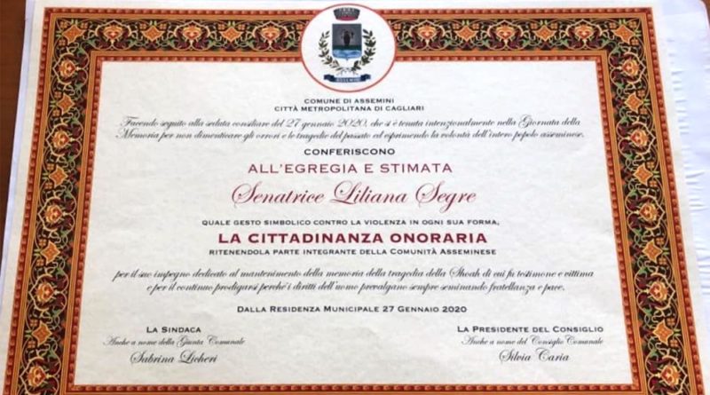 Pergamena cittadinanza onoraria Liliana Segre