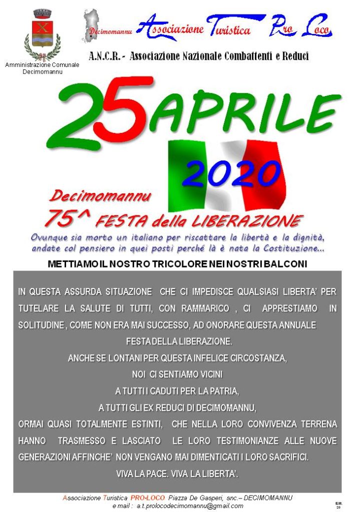 25 aprile 2020 Festa della Liberazione Associazione Turistica Pro Loco Decimomannu