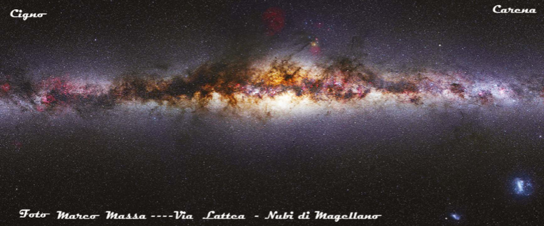 Mosaico della Via Lattea visibile, dalla costellazione del Cigno a quella della Carena e due galassie satelliti chiamate Nubi di Magellano. Foto Marco Massa